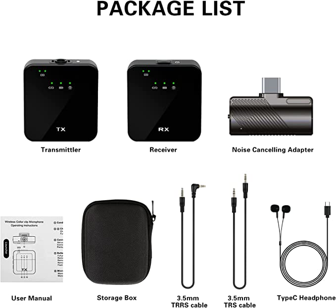FRAMONICS Wireless Lavalier Microphone with AI Noise Canceller 2.4GHz Dual Lavalier Microphone with Monitor Gain and Mute Interview TikTok